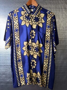 Vintage Blue and Gold Floral Short Sleeve Button-Down Shirt Hawaiian